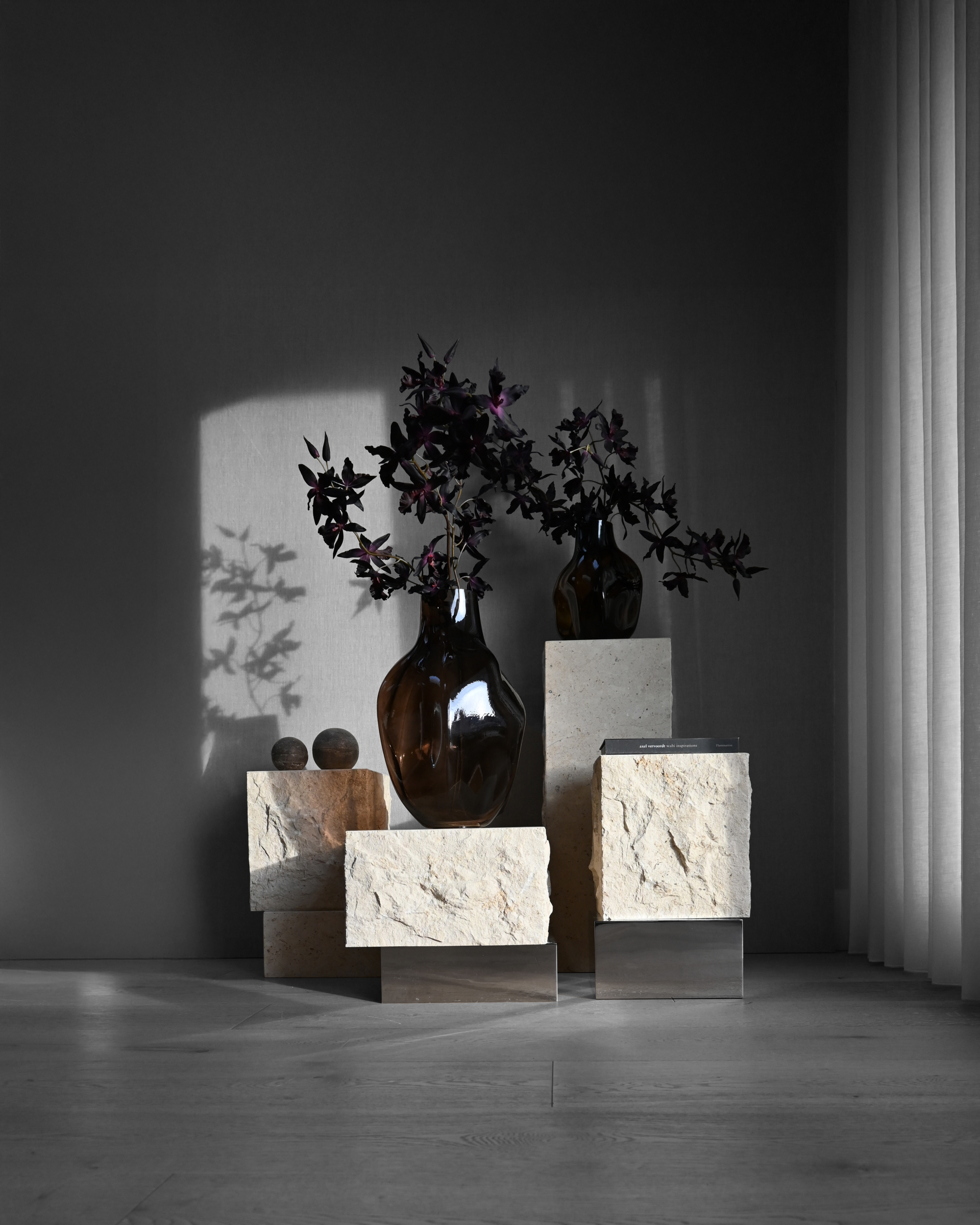 temple coffeetable - chrome limestone tall